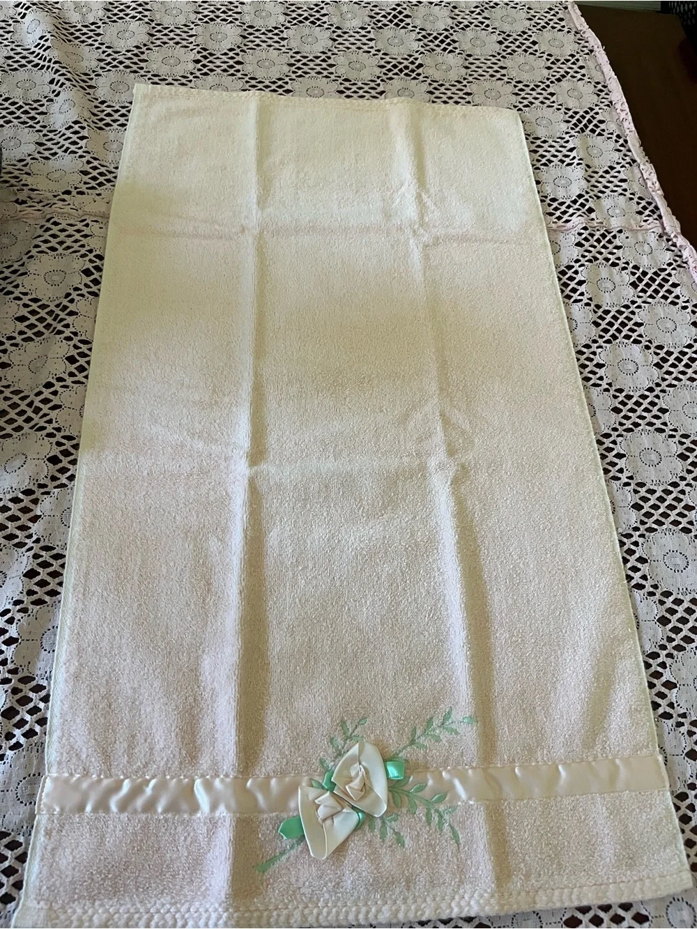 Decorative Cream Hand Towel with Satin Ribbon Rose